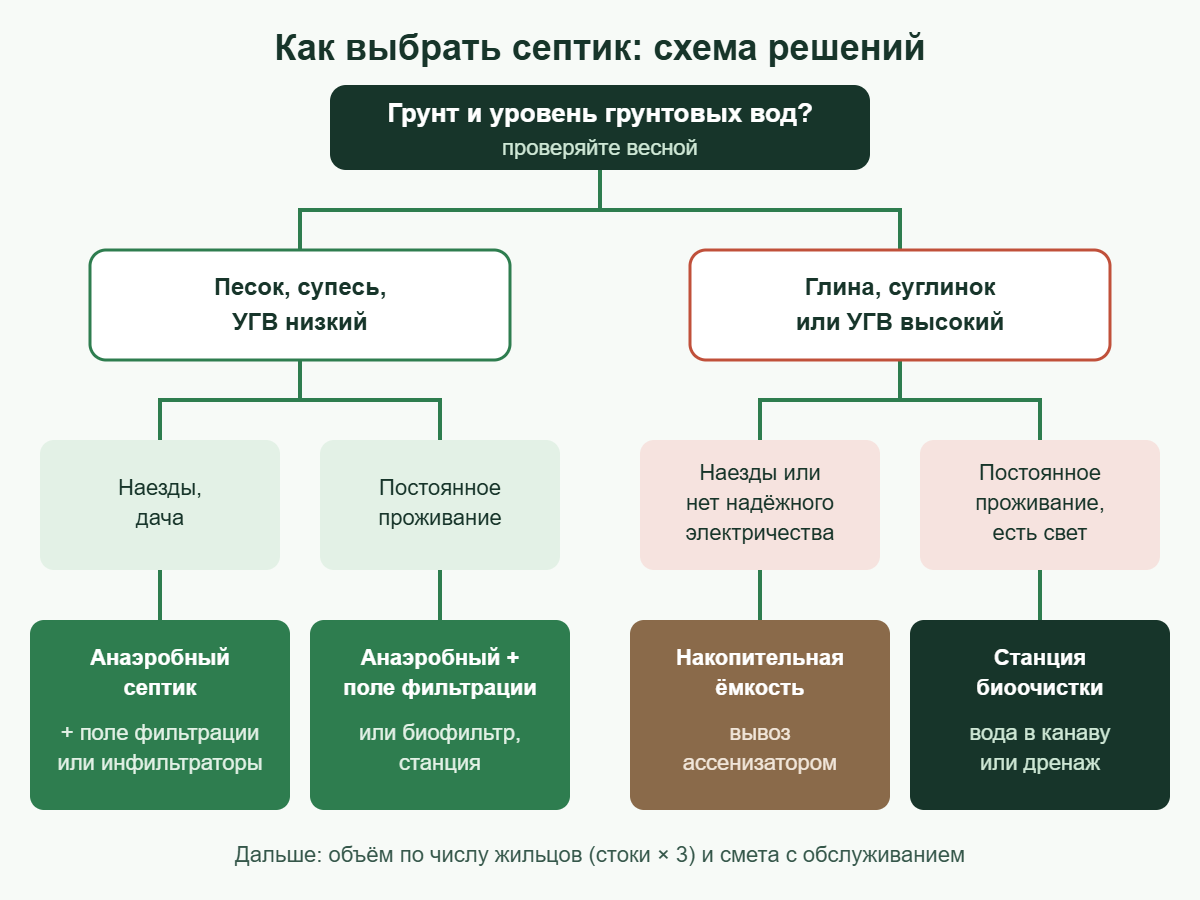 Схема выбора септика: дерево решений по грунту, уровню грунтовых вод, режиму проживания и электричеству