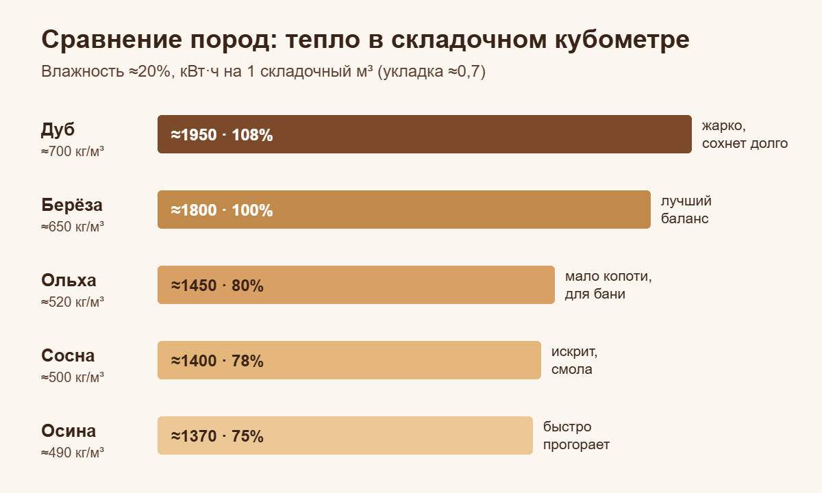 Сравнение пород дров по теплу в складочном кубометре: дуб, берёза, ольха, сосна, осина